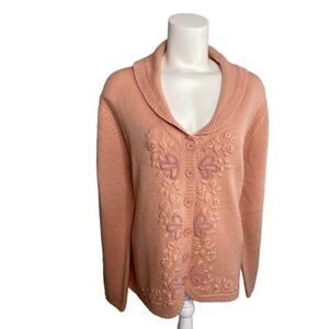 Brownstone Studio New York Peach‎ Pink Embroidered Button Down Cardigan Sz XL